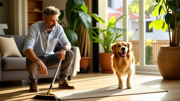 Un hombre amable con perro en casa