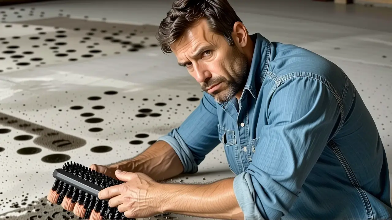 Un hombre preocupado limpia suciedad en un garaje