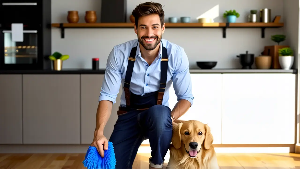 Un hombre español sonríe con un cachorro en cocina