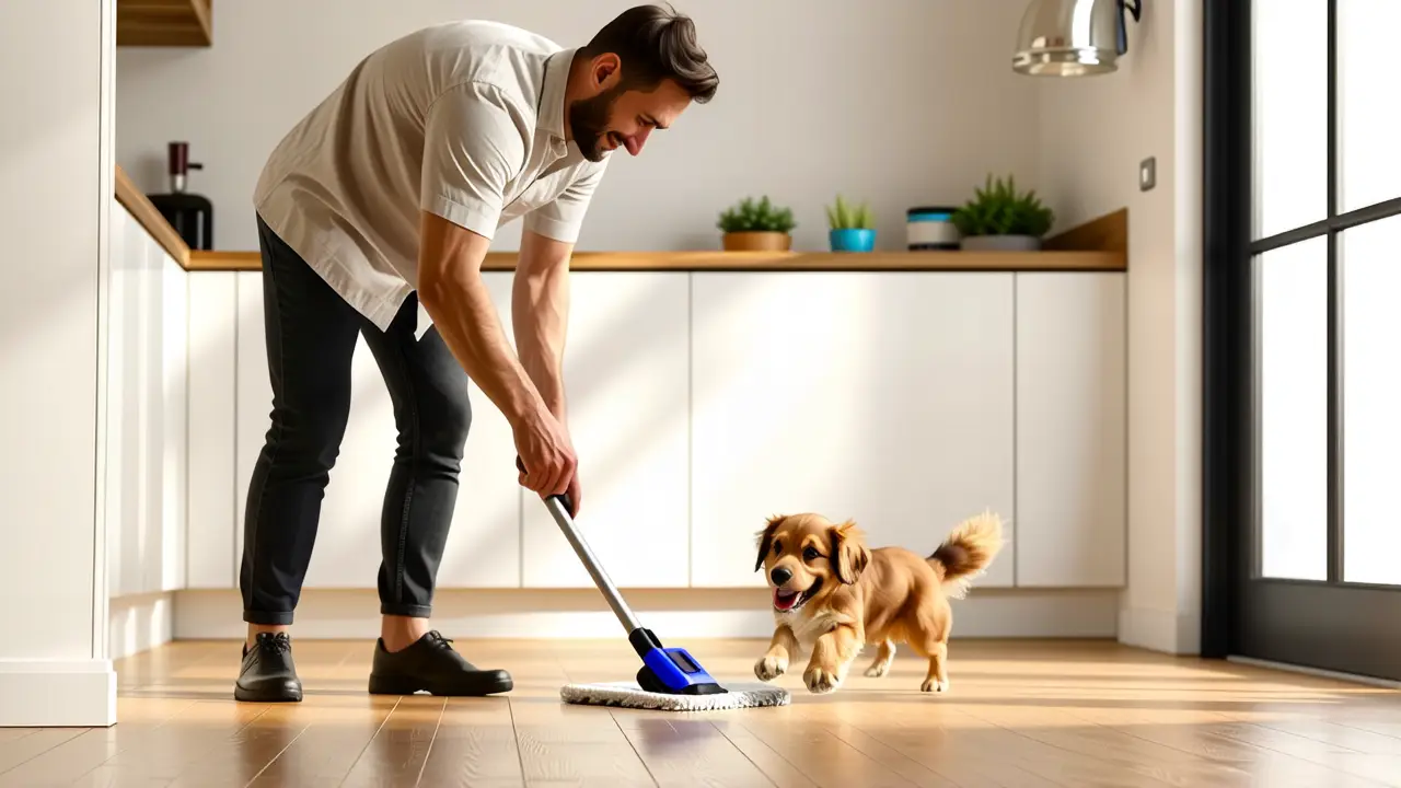 Un hombre sonriente limpia con perro en luz cálida