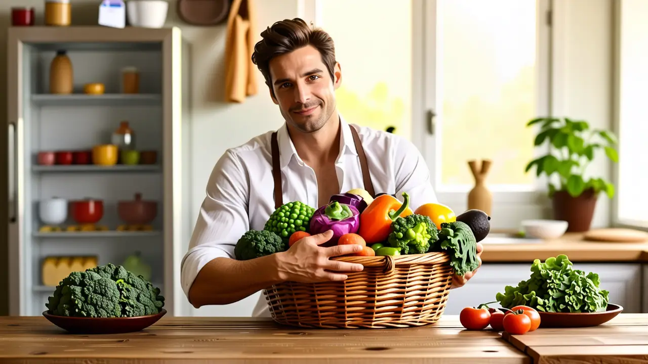Un hombre pensativo sostiene verduras en luz cálida
