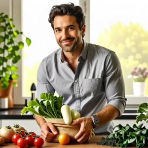 Un hombre casual sostiene verduras en luz cálida