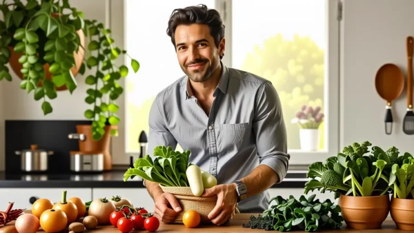 Un hombre casual sostiene verduras en luz cálida