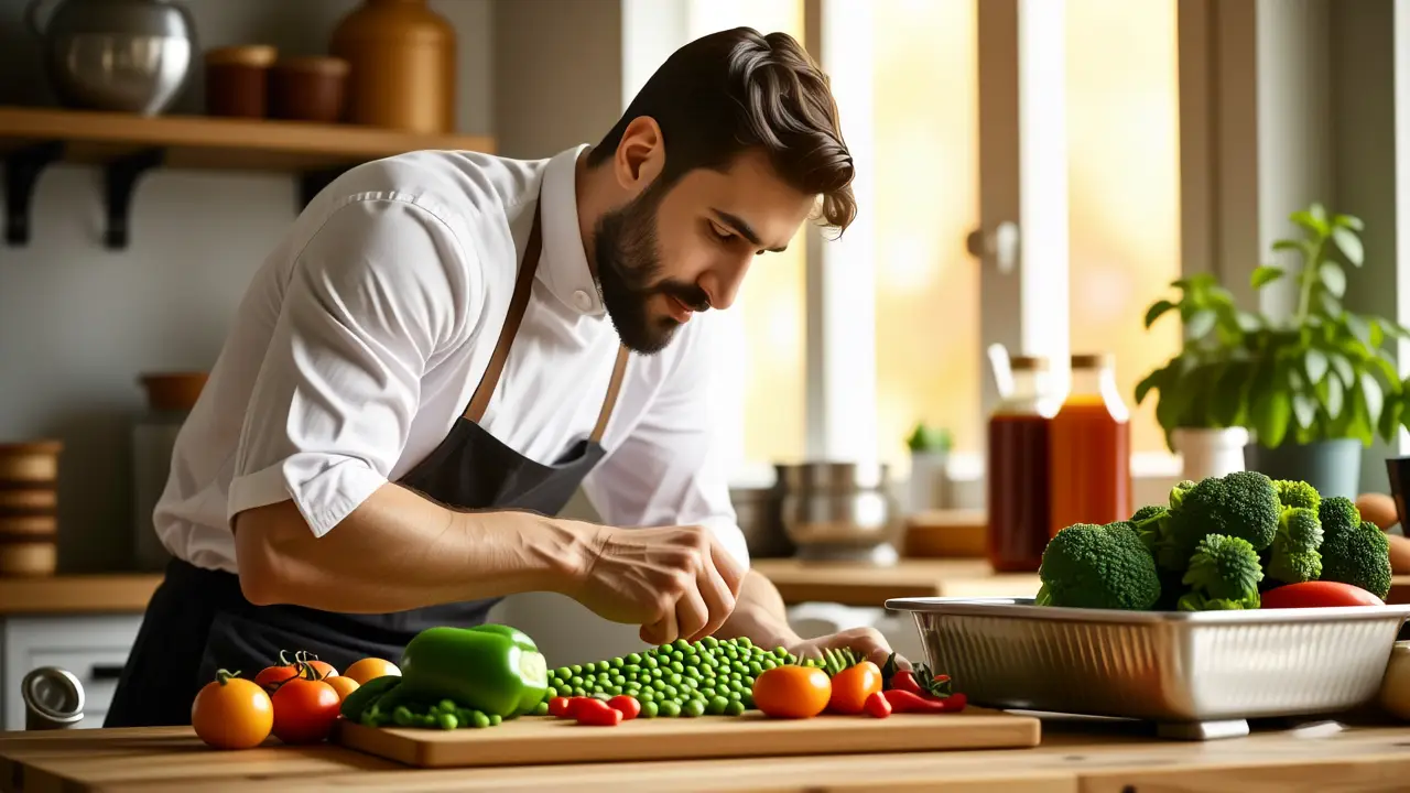 Un chef pensativo en cocina cálida