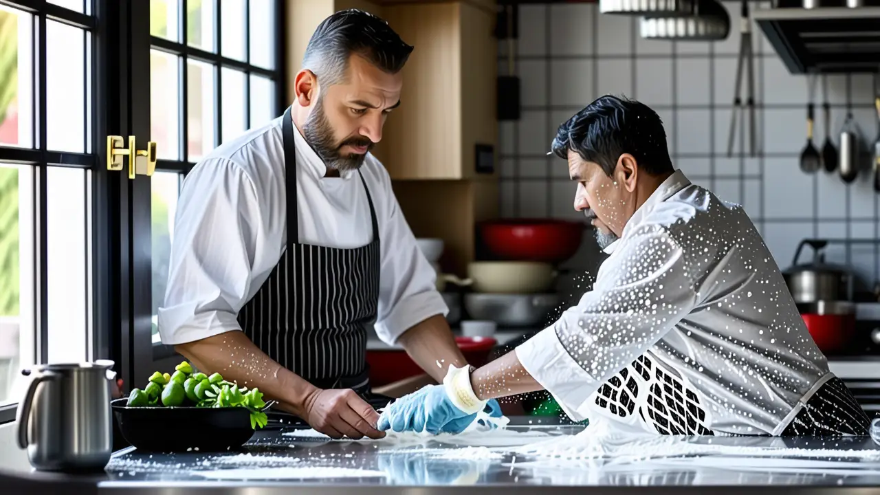 Un chef preocupado limpia en la luz dorada