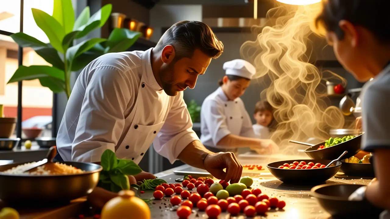 Chef español prepara paella con precisión y luz cálida