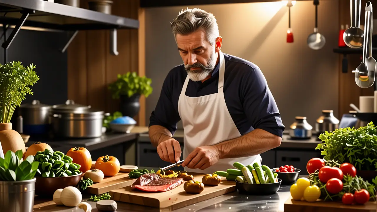 Chef serio cocina con precisión y luz