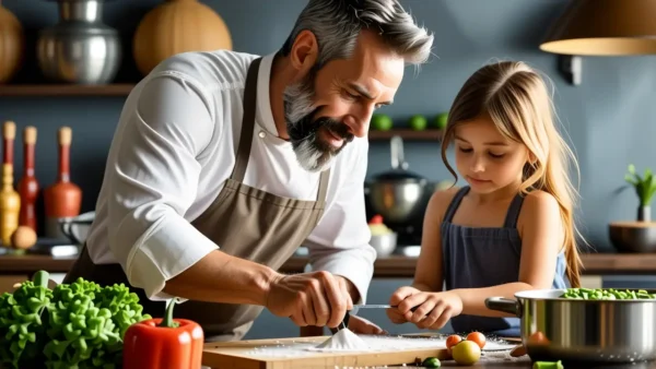 Un chef español ayuda a su nieta en paella