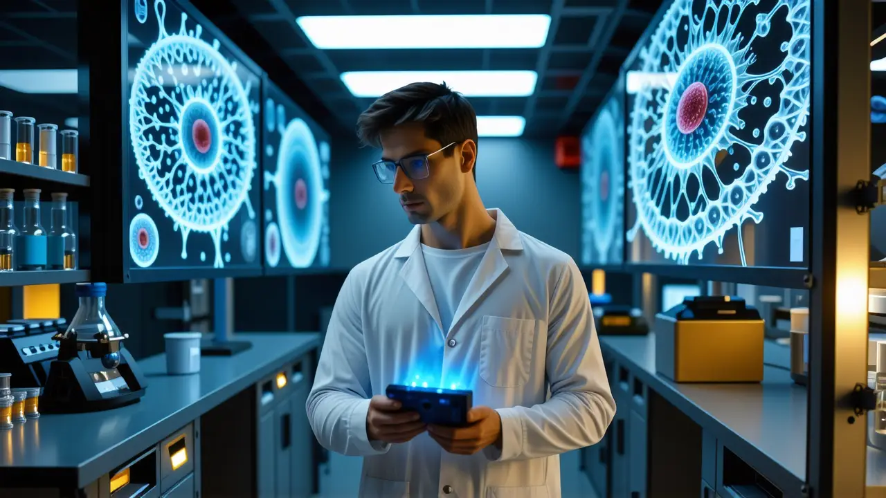 Un científico contempla misterio en laboratorio azulado