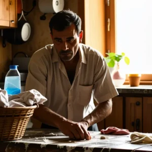 Un hombre pensativo limpia con esfuerzo en casa