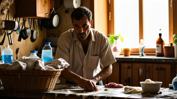 Un hombre pensativo limpia con esfuerzo en casa