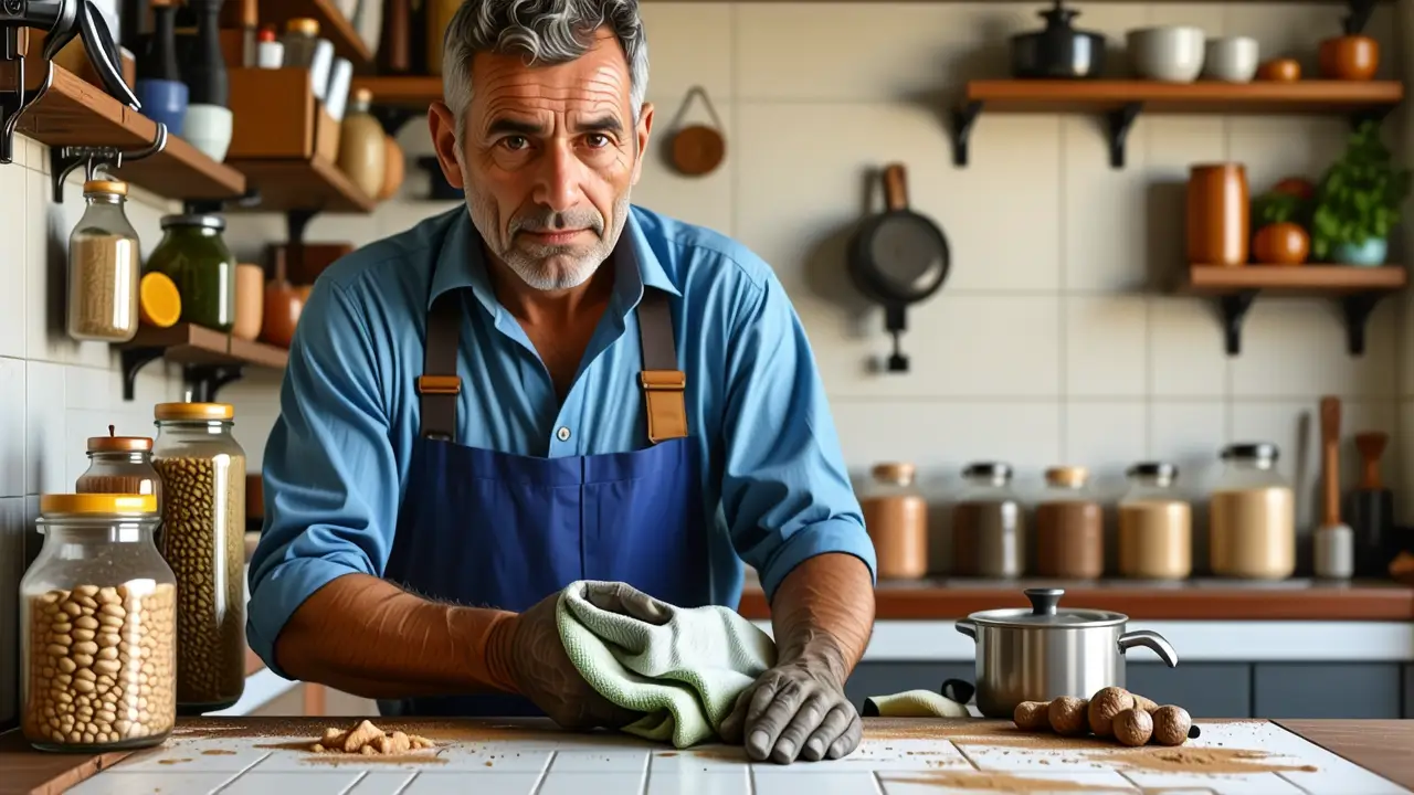 Un hombre preocupado limpia silenciosamente la suciedad