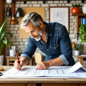 Ideas Convertir Garaje en Vivienda: Guía Completa 11 Un hombre examina planos en un garaje rústico