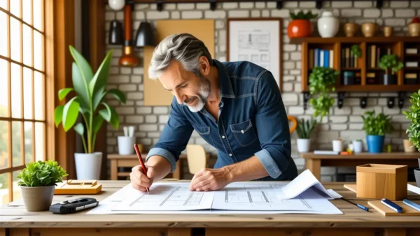 Un hombre examina planos en un garaje rústico