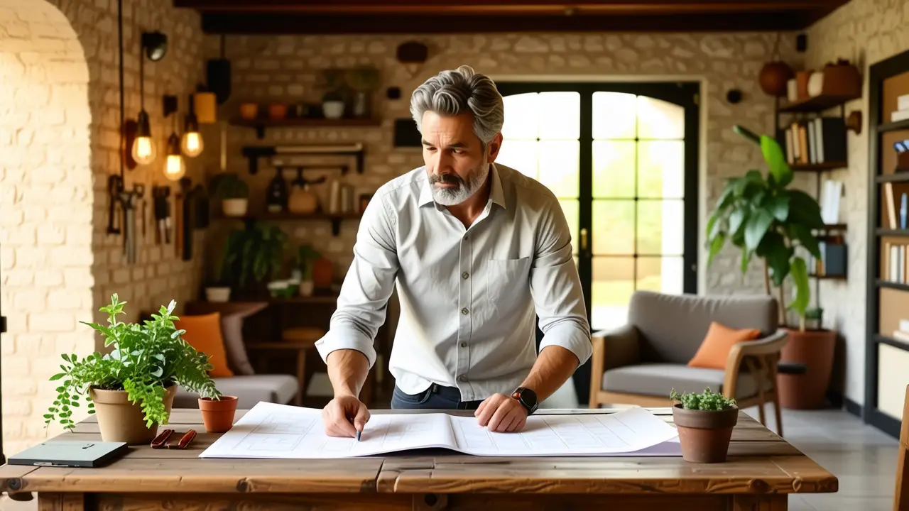 Un hombre estudia planos en un rústico hogar