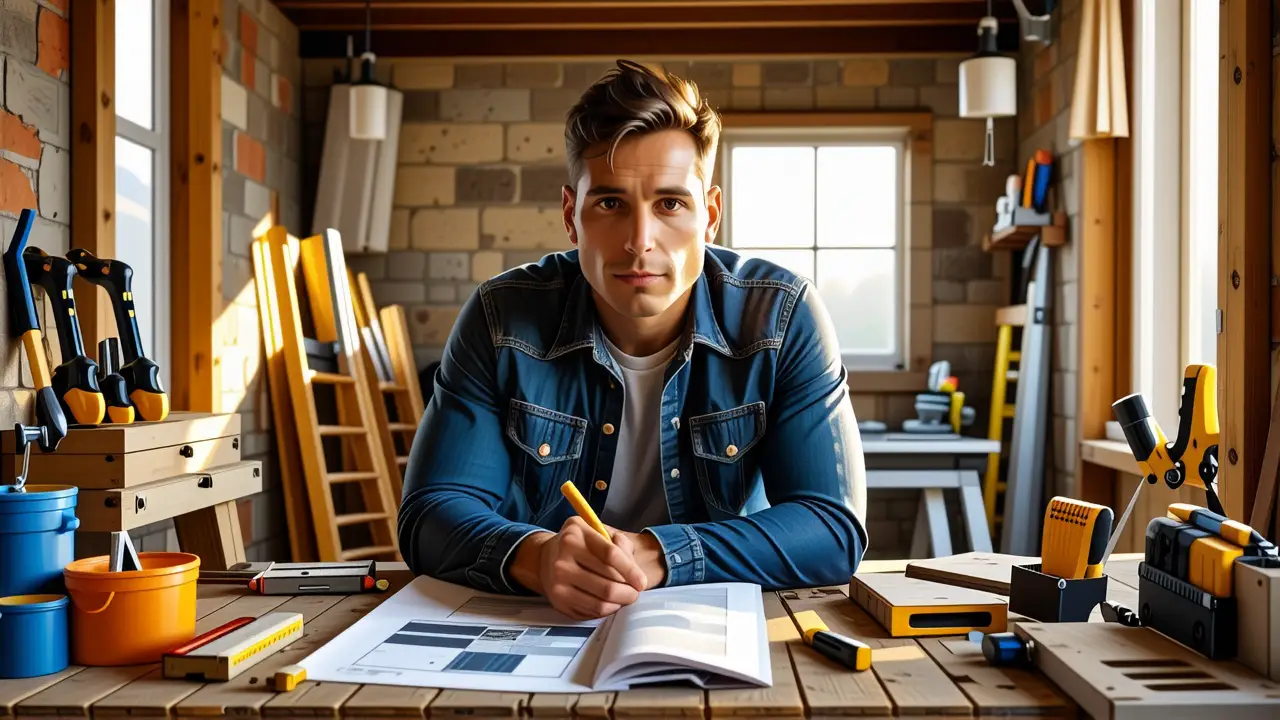 Un hombre pensativo crea en un garaje acogedor