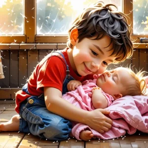 Un niño y bebé abrazados en paz