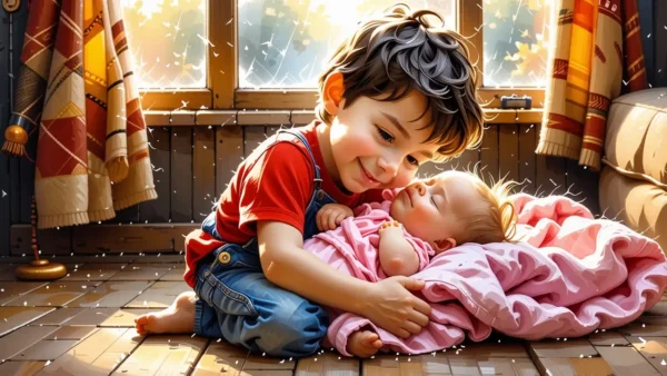 Un niño y bebé abrazados en paz