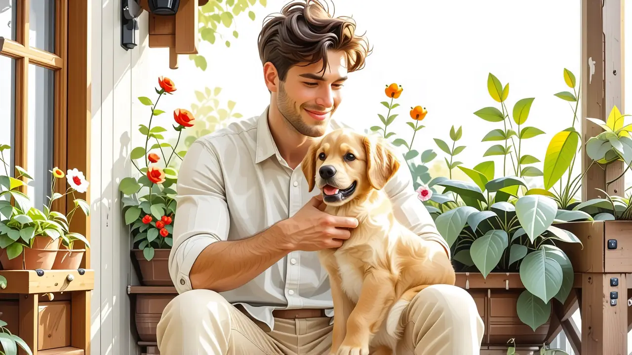 Un hombre amable sostiene un cachorro en paz