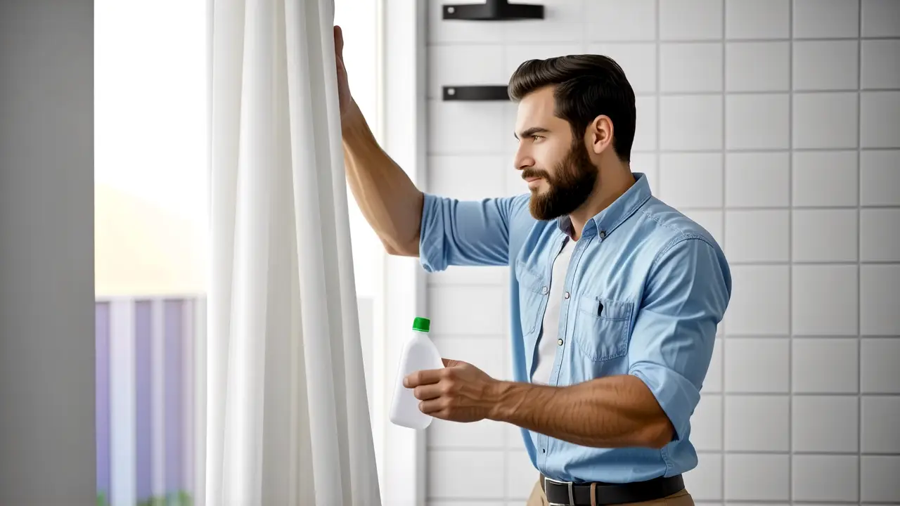 Cortina ducha antimoho: Prevención y limpieza efectiva 3 Un hombre pensativo limpia una ducha en calma