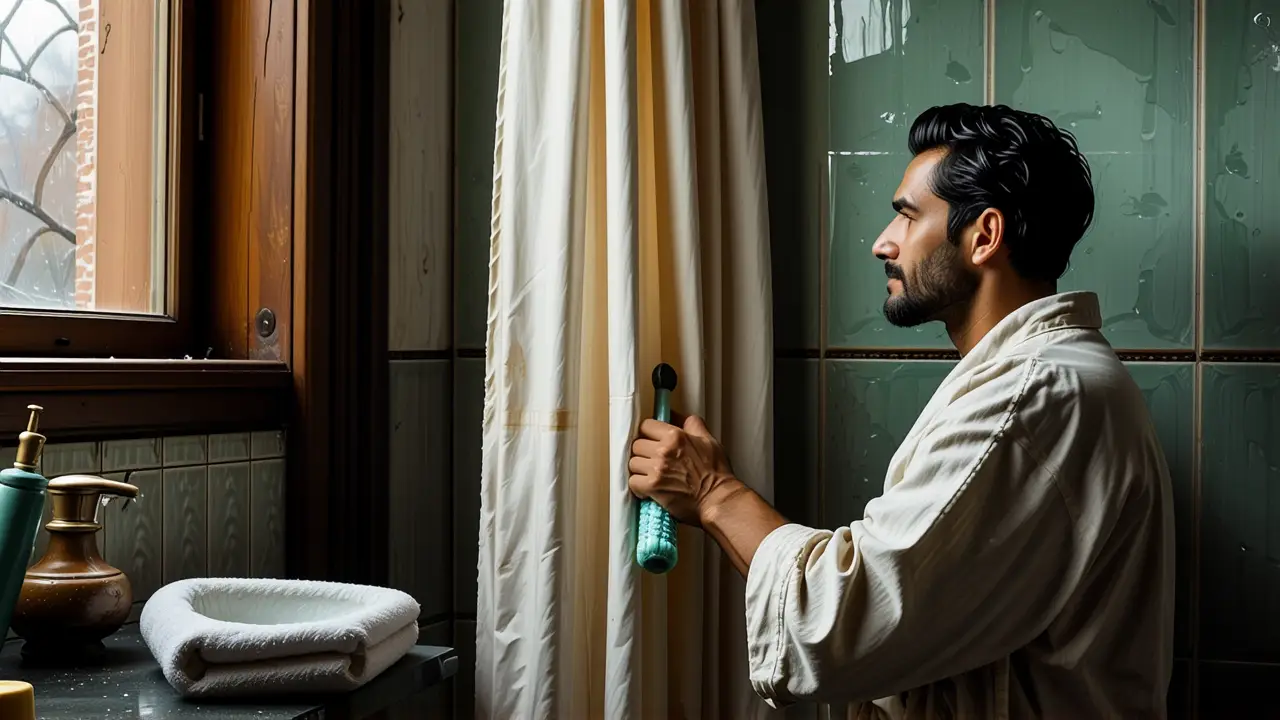 Cortina ducha antimoho: Prevención y limpieza efectiva 2 Un hombre pensativo limpia una cortina húmeda