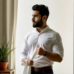 Un hombre pensativo en un hogar cálido y minimalista