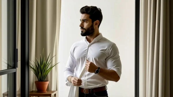 Un hombre pensativo en un hogar cálido y minimalista