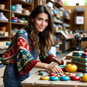 Una mujer española sonríe creando arte folk cálido y colorido