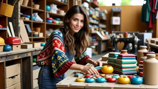 Una mujer española sonríe creando arte folk cálido y colorido