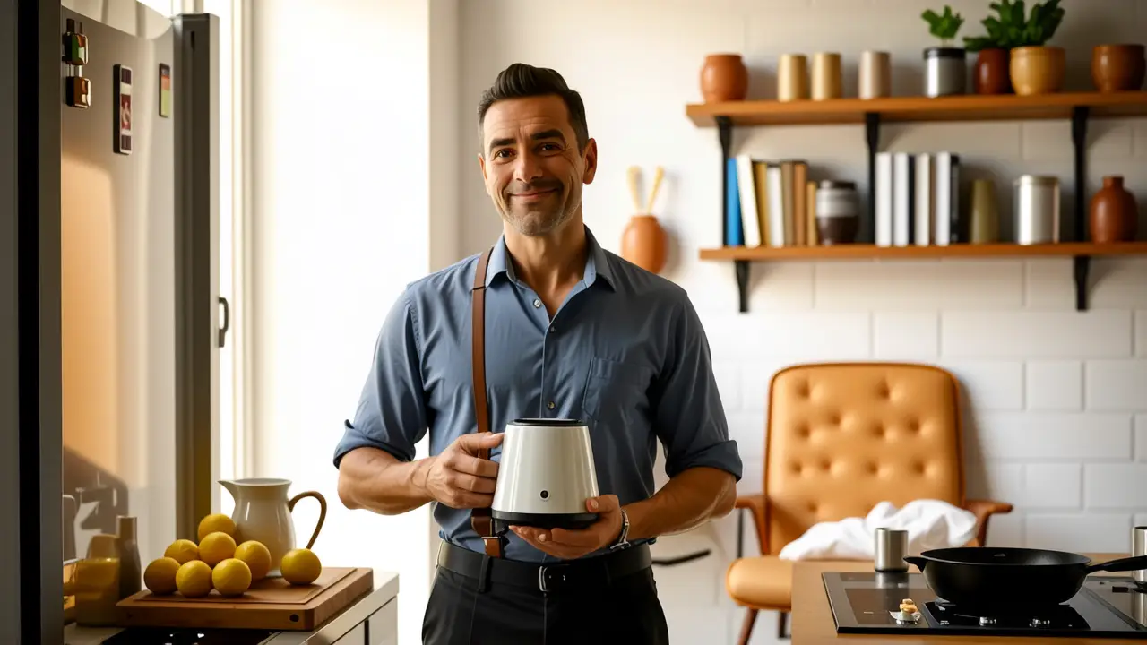 Un hombre pensativo sostiene un tostador en cocina cálida