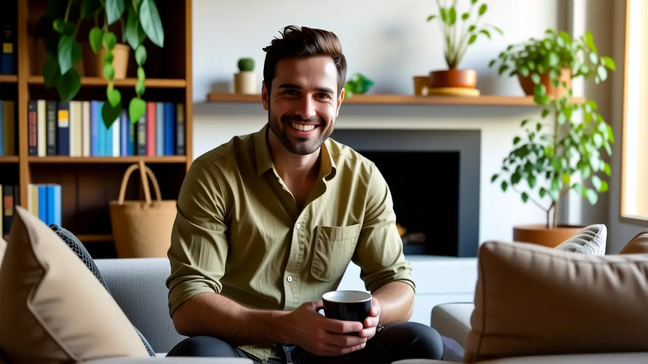 Un hombre cálido disfruta un ambiente acogedor y tranquilo
