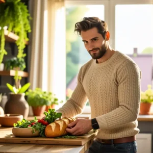 Un hombre amable ofrece pan en una cocina cálida