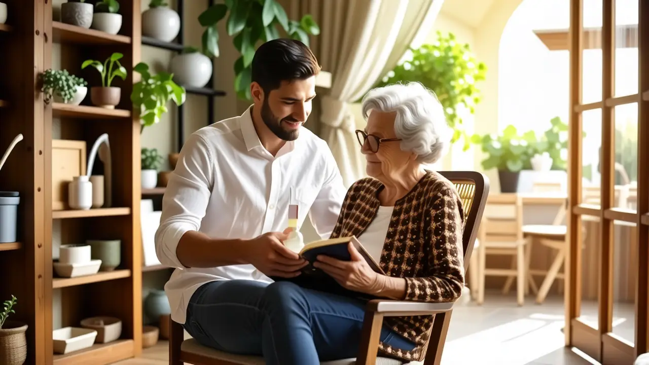 Un hombre ayuda a su abuela en casa