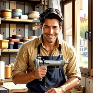 Un hombre amable cosiendo en un taller cálido