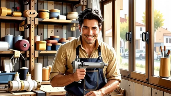 Un hombre amable cosiendo en un taller cálido