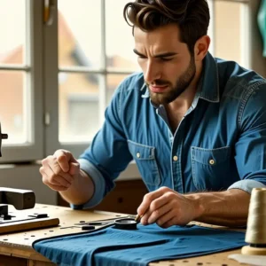 Un hombre arregla una prenda en taller acogedor