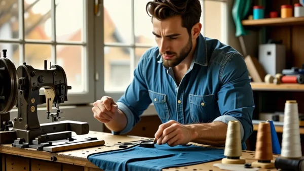 Un hombre arregla una prenda en taller acogedor