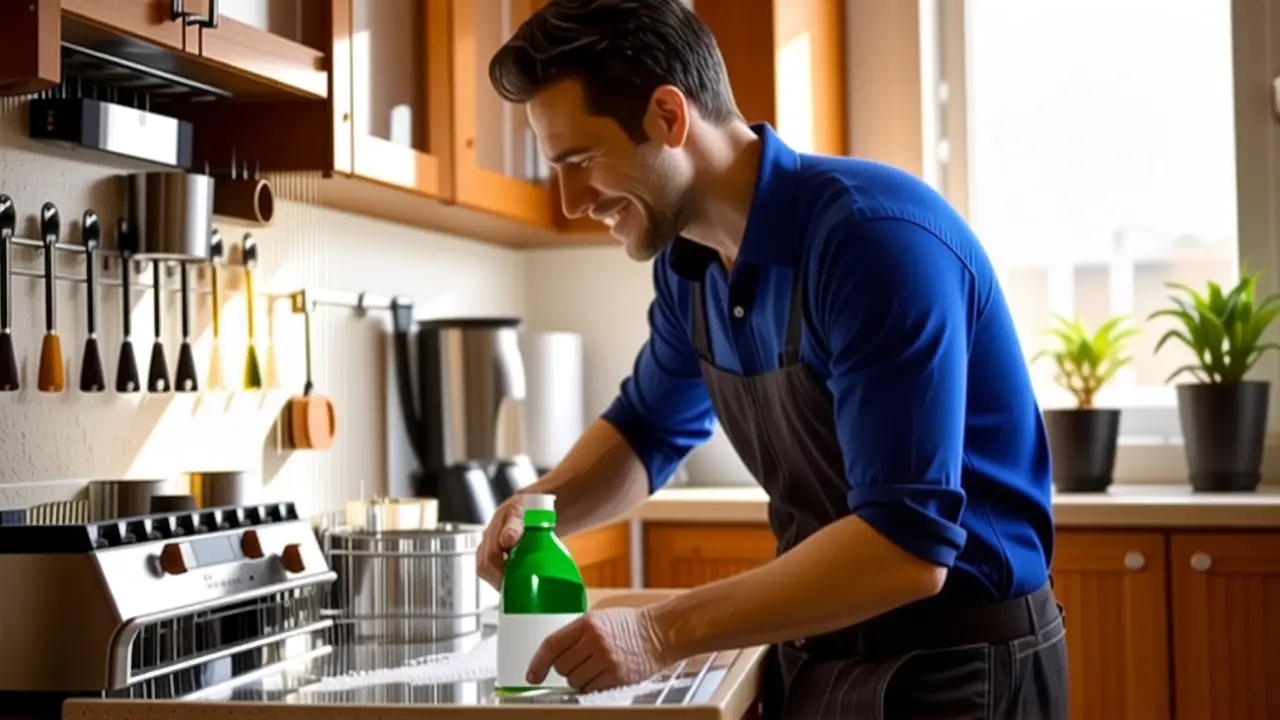 Lavavajillas vs Mano: Cuanta agua gasta un lavavajillas 4 Un hombre limpio trabaja en su cocina
