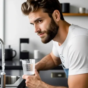 Hombre pensativo en cocina moderna y suave