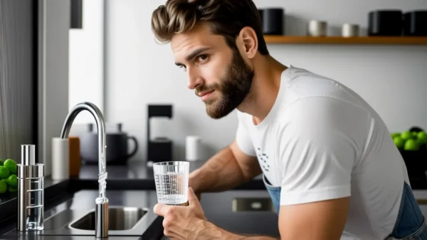 Hombre pensativo en cocina moderna y suave