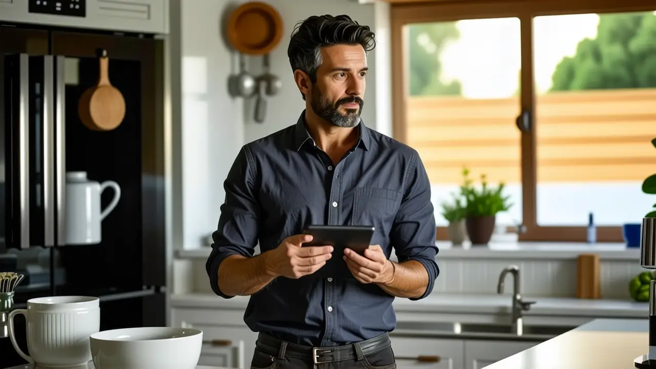 Lavavajillas vs Mano: Cuanta agua gasta un lavavajillas 3 Un hombre analiza datos en una cocina serena