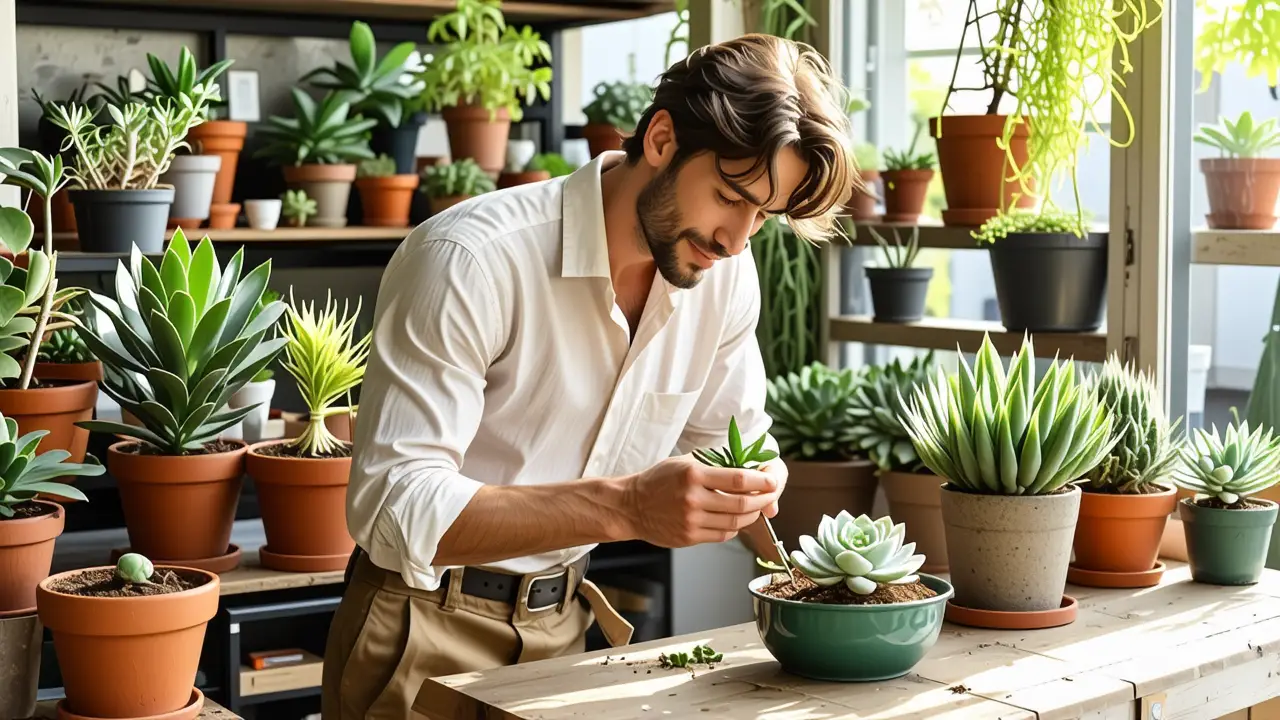 Como cuidar suculentas: Guía completa para plantas | Cactus 5 Un hombre contempla su suculenta en luz cálida