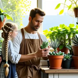 Un hombre pensativo cuida plantas en luz cálida