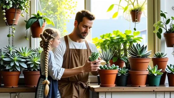 Un hombre pensativo cuida plantas en luz cálida