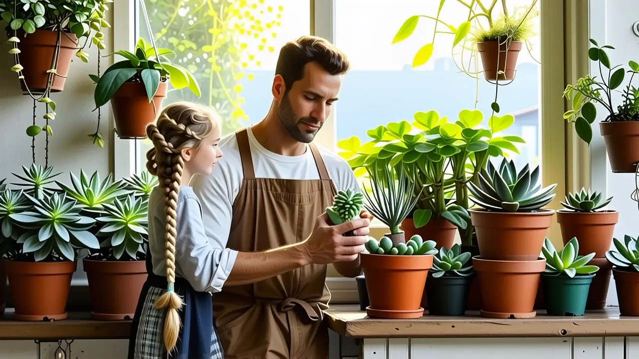 Un hombre pensativo cuida plantas en luz cálida