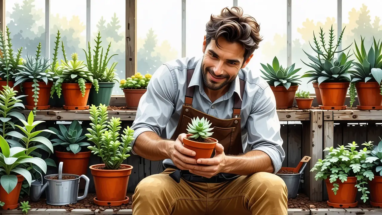 Como cuidar suculentas: Guía completa para plantas | Cactus 4 Un hombre cuidando su planta en un invernadero cálido