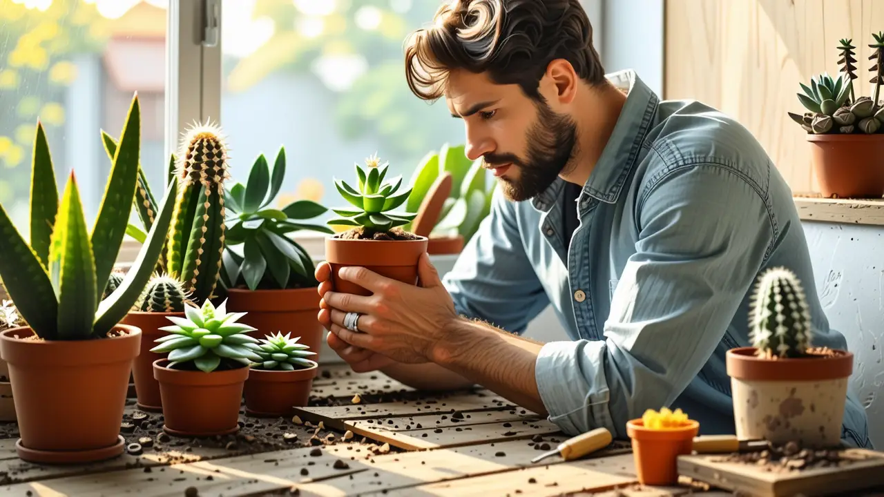 Como cuidar suculentas: Guía completa para plantas | Cactus 3 Un hombre pensativo sostiene una planta en luz cálida
