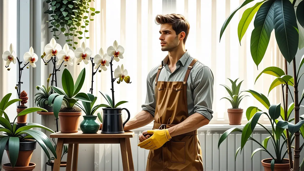 Un hombre contempla una orquídea en un jardín tranquilo