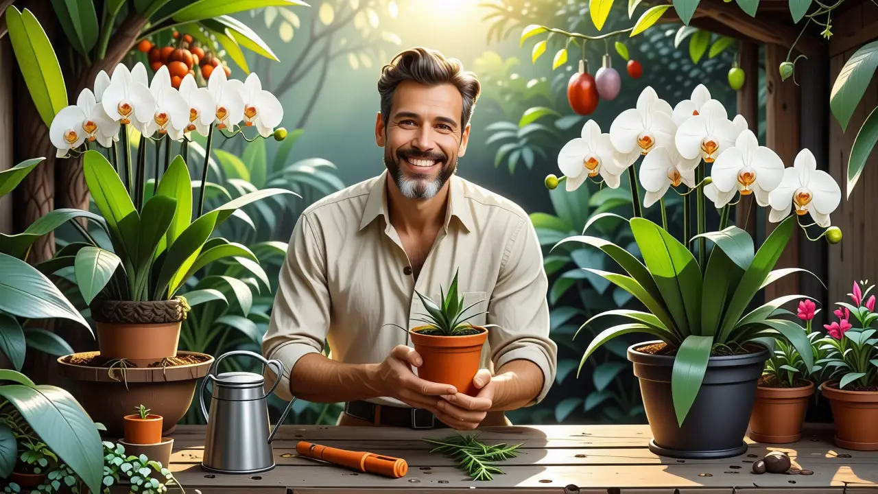 Un hombre pensativo sostiene una orquídea en luz cálida