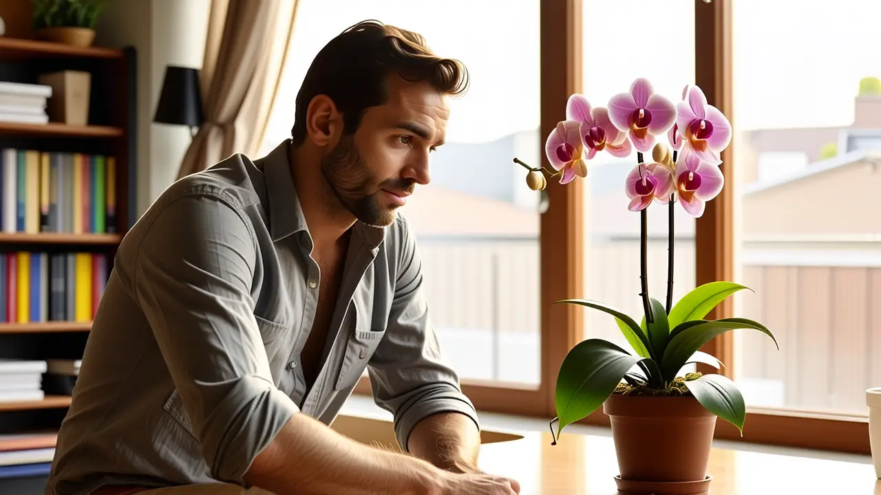 Un hombre pensativo sostiene una orquídea en luz cálida